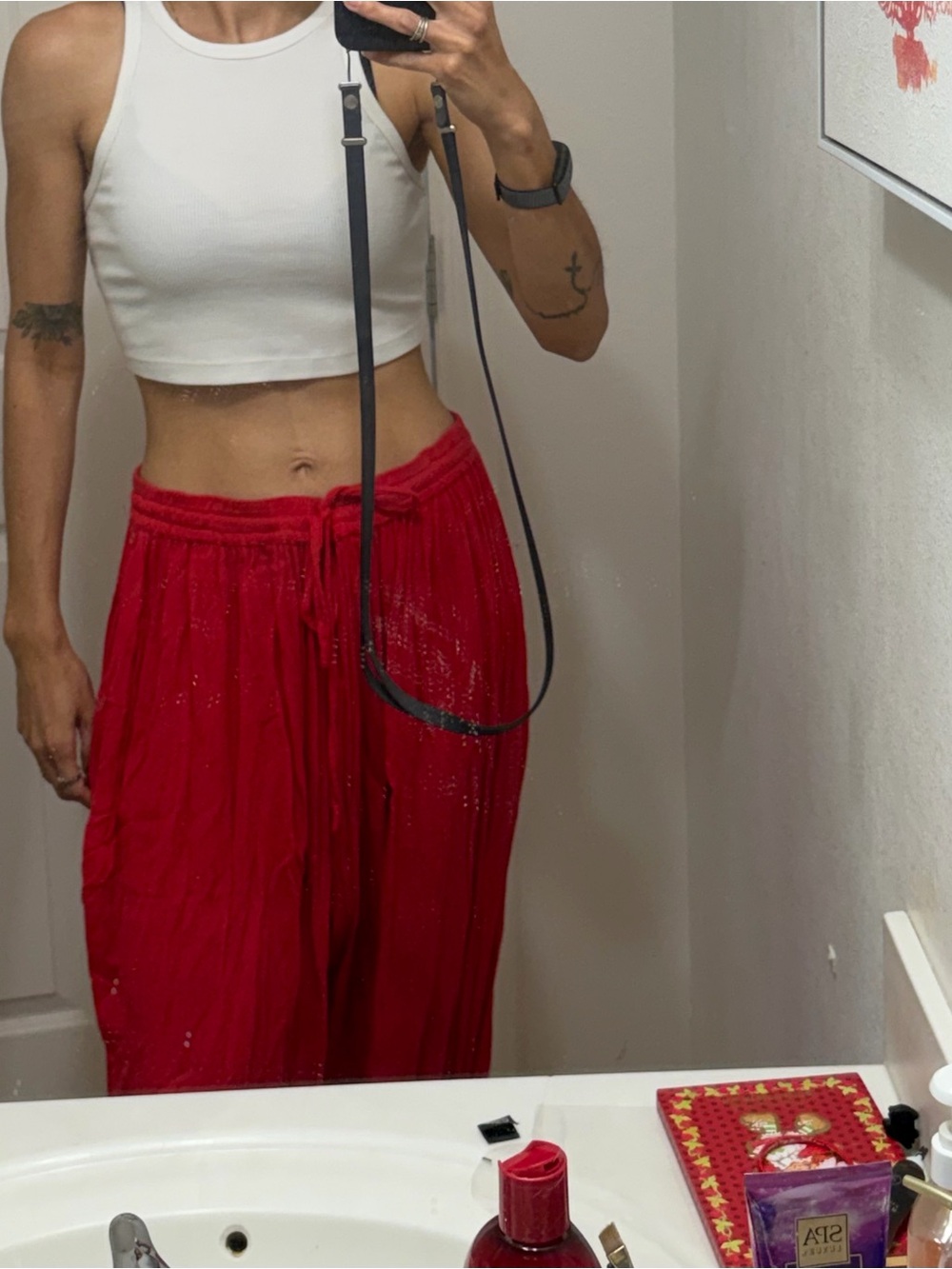 Vintage BELMA Red Crinkle Harem Pants Boho Drawstring Plus Size